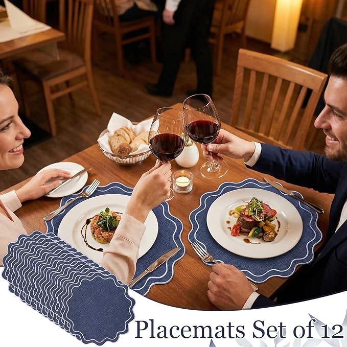 Set of 12 Cotton Linen Placemats, 15x15 Scalloped Flower Embroidery Cloth Table Mats Double Layered Fabric Washable Wrinkle Free Dining Placemat for Restaurant Kitchen Decor(Navy Blue)