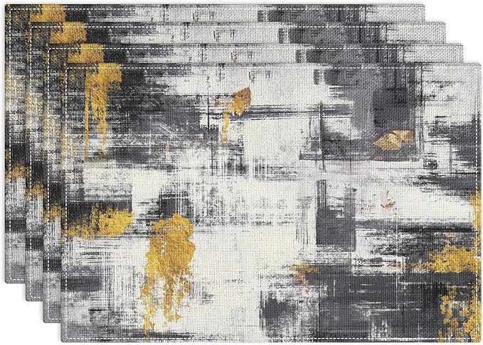 Emvency Farmhouse Placemats Set of 4, Abstract White Black Gold Vintage Art Painting 12x18 Inch Table Mats for Outdoor Home Party Kitchen Dining Decoration