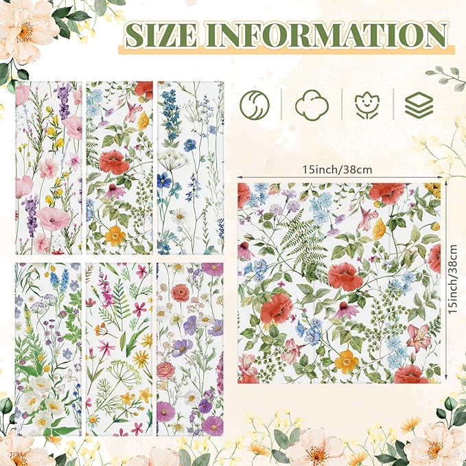Nuogo 36 Sets Wildflowers Cloth Napkins 15" x 15" Floral Dinner Cloth Napkins Reusable Spring Floral Fabric Hand Towels for Wildflowers Spring Garden Baby Shower Party Table Decor