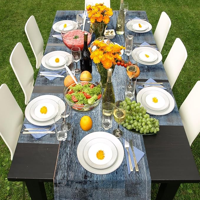 ArtSocket Farmhouse Table Runner and Placemats Set of 6, Abstract Blue Grey Gray Vintage Painting Art Dining Decor for Daily Use(1 Table Runner 72 inches Long and 6 Placemats)