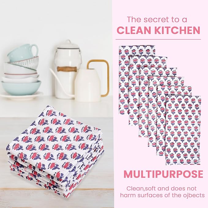 CPC Pink Sapphire Hand Block Printed Cotton Waffle Dish Cloth Set of 6-12x12 Inch Super Absorbent, Soft, Reusable Kitchen Towels for Dish Drying & Cleaning Ideal for Spring, Mother's Day