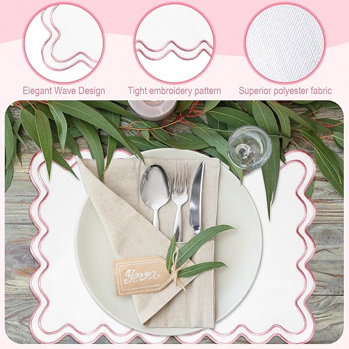 HunnmingRe Set of 6 Cotton Linen Placemats, 13x19 Inch Scalloped Wavy Embroidery Placemat Double Layered Washable Rustic Rectangle Dinner Table Mats for Wedding Home Decor(White with Pink)