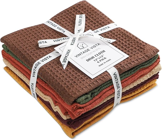 Vintage Vista 100% Cotton Waffle Dish Cloths (Pack of 6) - Dish Rags for Washing Dishes - Reusable & Highly Absorbent Kitchen Towels - Kitchen Rags fo Easter - (12" x 12" - Multicolor II)