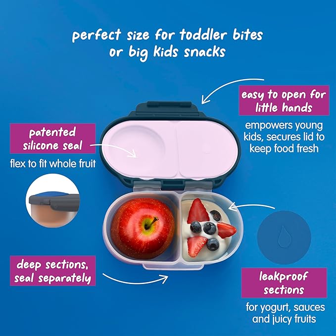 b.box Snack Box - Leakproof Mini Bento Box for Kids & Toddlers, 2 Compartment Snack Containers for Kids, Lunch Containers, Dishwasher Safe, BPA Free, PFAS Free, Ages 4m+, 1 3/4 Cup - Indigo Rose