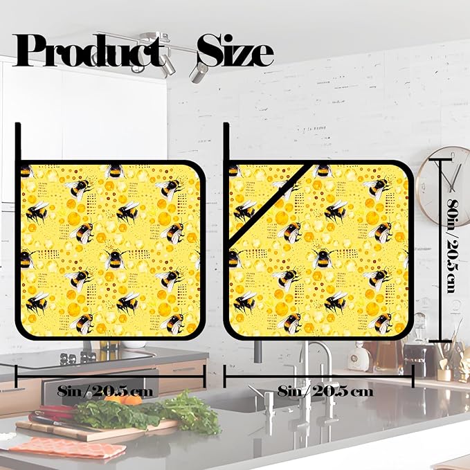 Cute Honey Bee Pot Holders Set of 2,Kitchen Heat Resistant Potholder for Microwave Cooking Baking Oven and BBQ