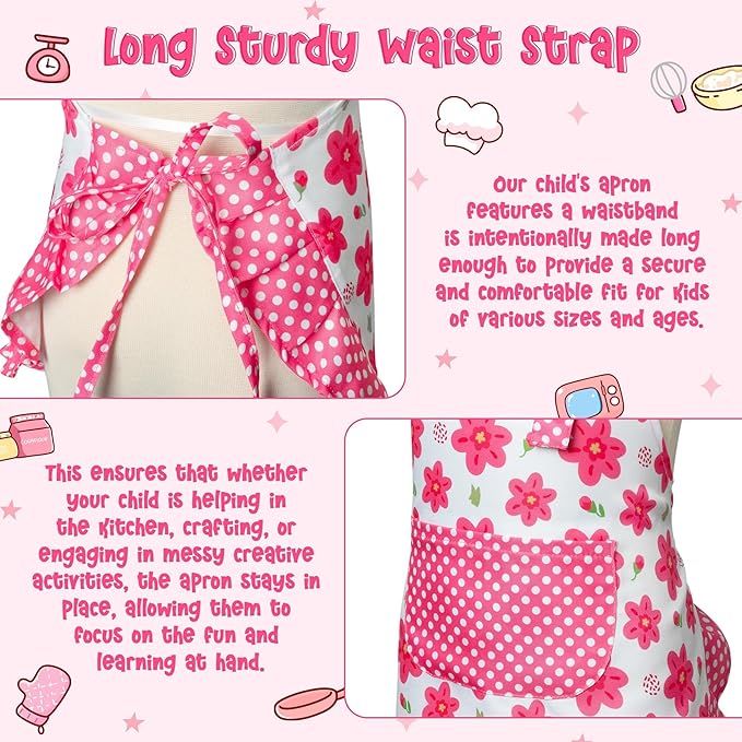 R HORSE Kid Apron and Chef Hat Set - 2Pcs Adjustable Children Pink Flower Kitchen Toddler Apron for Girls, Role Play Chef Toy Cooking Baking Painting and Training Kits Kid Funny Cooking Birthday Gift