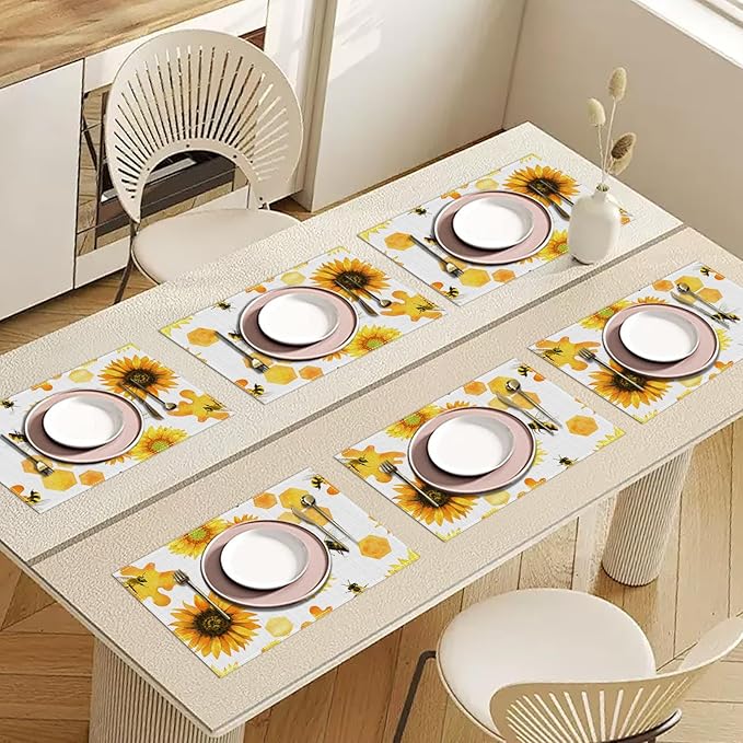 Sunflower Honey Bee Placemats Set of 6, Washable Heat Resistant Table Mat Linen Place Mats for Party Kitchen Dining Home Decor 12x18 Inch