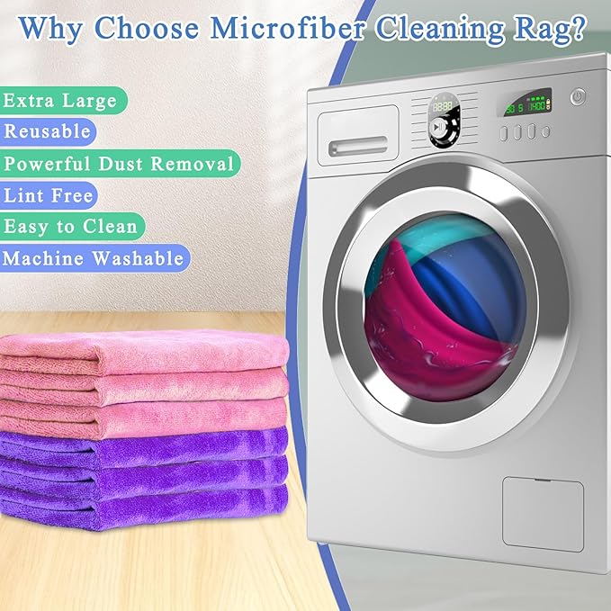 12 Pcs Extra Large Microfiber Cleaning Cloth, 20" x 30" Washable Reusable Large Floor Cloth Rags, Microfiber Towels for Mop Cleaning Office Bathrooms Housekeeping (Purple, Blue, Pink)