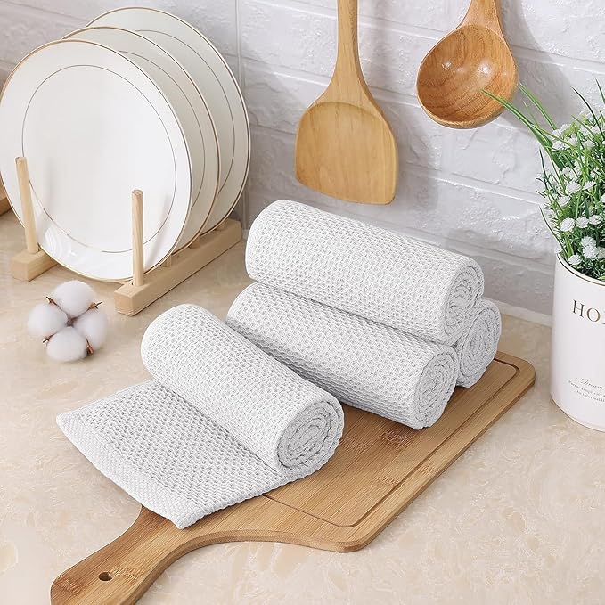 Kitinjoy 100% Cotton Kitchen Towels and Dishcloths Set, 12 Pack-13" x 28" and 12" x 12" Waffle Weave Dish Towels, Ultra Soft Absorbent Quick Drying Dish Rags, White