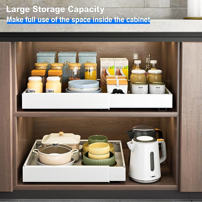 Mustorn 2 Pack Pull Out Cabinet Organizer, Expandable Slide Out Drawers for Kitchen Cabinets Peel and Stick Pullout Drawer Heavy Duty Sliding Shelves for Cupboard, Pantry, Bathroom(16.5" Deep, White)