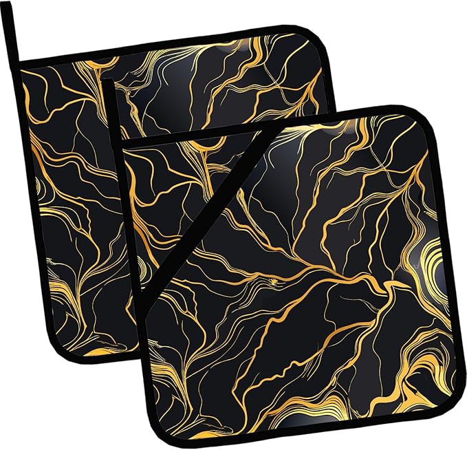Black Golden Marble Pot Holders 2 PCS,Kitchen Heat Resistant Hot Pads for Cooking Grilling Baking BBQ, Pot Holders for Women Cook Home Microwave