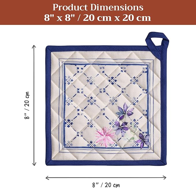 Maison d' Hermine Pot Holders 100% Cotton Heat Resistant Potholders 8" x 8" Hot Pads with Loop BBQ Cooking Baking Gifts for Mothers Day Handling Hot Pans Spring/Summer (Pack of 2, Faience)