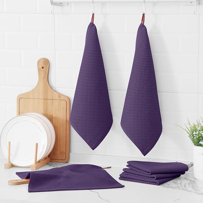 Kitinjoy 100% Cotton Kitchen Dish Cloths (12 X 12 Inches, Eggplant), 6 Pack Waffle Weave Ultra Soft Absorbent Dish Towels for Drying Dishes Quick Drying Kitchen Towels Dish Rags