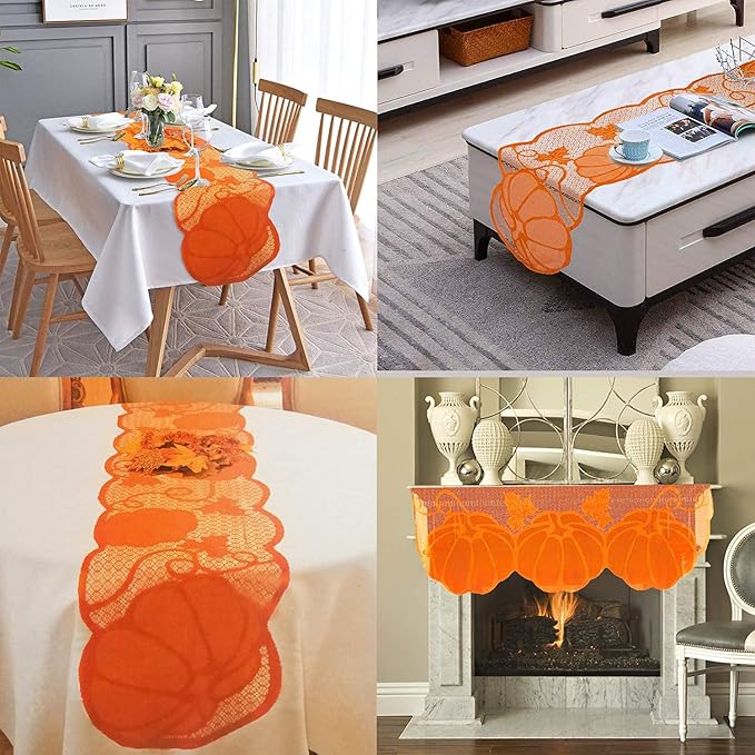 Fall Table Runner Thanksgiving Decorations 13 x 72 Inch Maples Leaves Table Runner Autumn Harvest Orange Lace Pumpkin Runner Long Fall Dinner Table Decor Thanksgiving Decorations for Tables (Orange)