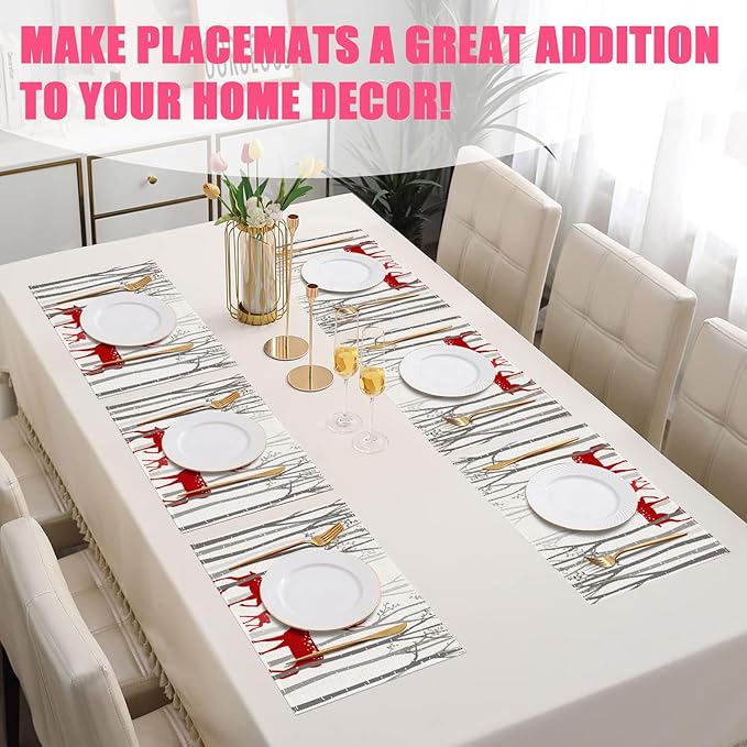 Birch Tree Deer Placemats Set of 6,12x18 Inch Wild Animals Forest Linen Place Mat Washable Stain Resistant Table Mats for Seasonal Farmhouse Kitchen Party Home Decor