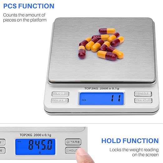 Smart Weigh Pro Digital Pocket Scale – 2000g x 0.1g Precision Gram Scale with LCD Display, 6 Weighing Units, Hold & Count Functions – Includes 2 Trays and Batteries (Silver)