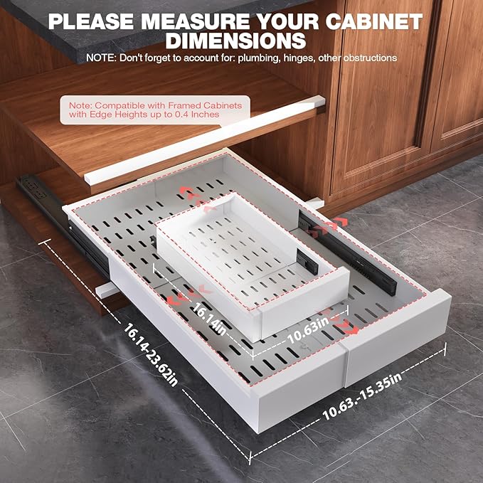 Seinloes 2 Pack Pull Out Cabinet Organizer Expandable Width(11"-16") and Depth(17"-24"),Slide Out Drawers with Raising Pad for Framed Cabinets,No Drill Roll Out Shelves for Kitchen,Bathroom,White