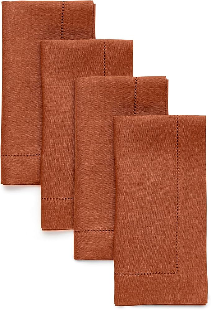 Solino Home Linen Napkins Set of 4 - Classic Hemstitch 100% Pure Linen Cinnamon Dinner Napkins Cloth 20 x 20 Inch for Mothers Day - Handcrafted and Machine Washable