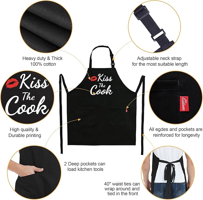 Kaidouma Funny Aprons for Women Men - Kiss the Cook Apron - Funny Chef Cooking BBQ Grill Aprons with 2 Pockets - Birthday Mothers Day Gifts for Mom, Wife - Fathers Day Christmas Gifts for Dad, Husband