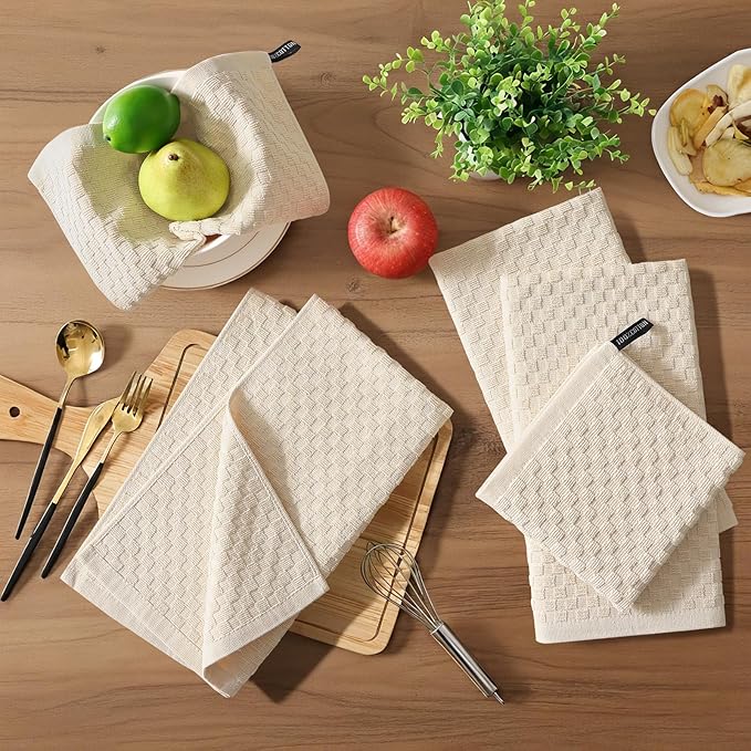 Homaxy 100% Cotton Terry Kitchen Towels(15" x 25", 12 Pack), Soft and Super Absorbent Dish Towels, 380 GSM Reusable Tea Towel with Hanging Loop, Pineapple Grid Designed, Beige