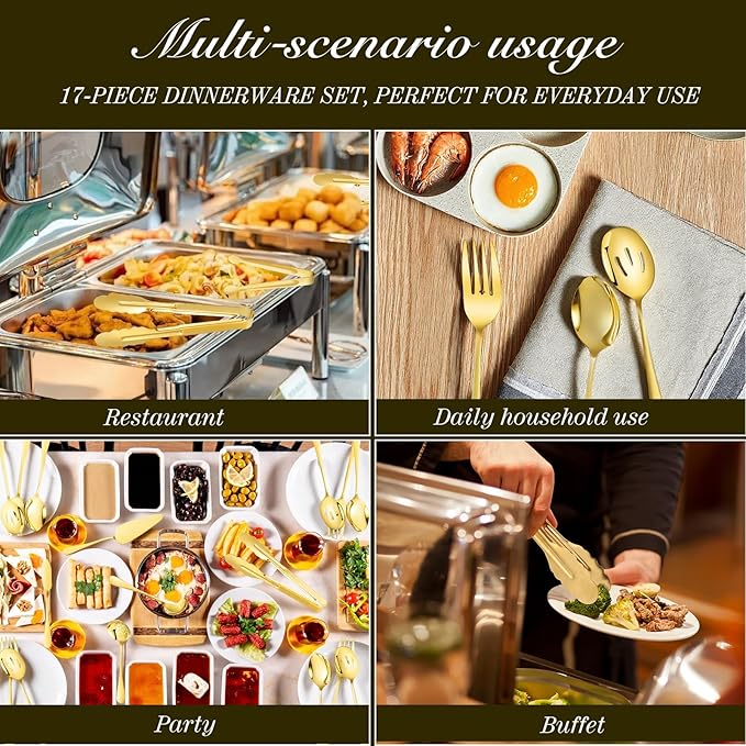 Mwellewm 17Pcs Serving Utensils, Gold Stainless Steel Serving Spoons, Slotted Spoon, Fork, Tongs, Cake Pie Server, Soup Spoon, Metal Buffet Banquet Cutlery Set for Parties Entertaining Catering