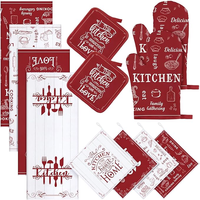 Bencailor 12 Pcs Farmhouse Kitchen Decor and Accessories Sets 4 Red Kitchen Towels 4 Absorbent Dishcloths 2 Pot Holders 2 Oven Mitts Gloves for Home Decor Mom Gifts