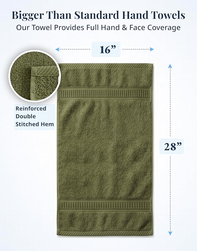 LANE LINEN Bath Hand Towels for Bathroom - 4 Pack (16" x 28"), 100% Cotton Hand & Face Towels Set - Soft, Prevent Fraying & Machine Washable - Everyday Family Towel, Gets Softer Each Wash - Oil Green