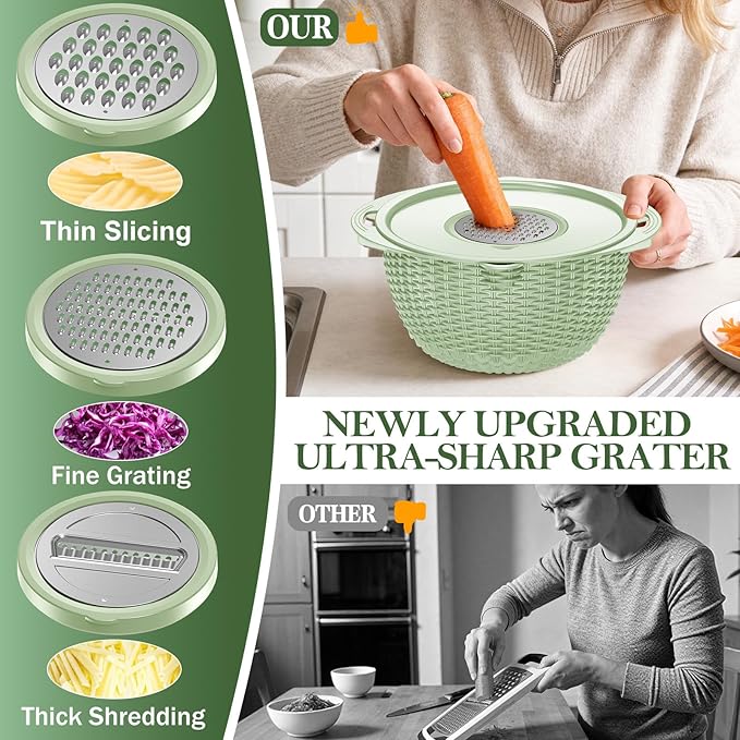 4-1 Colander with Fruit Bowl Set - Colander for Kitchen, Rotatable Strainers and Colanders(Patented), Pasta Strainer with New Upgraded Graters for Fruit, Veggie, Aesthetic Kitchen Essentials - Green