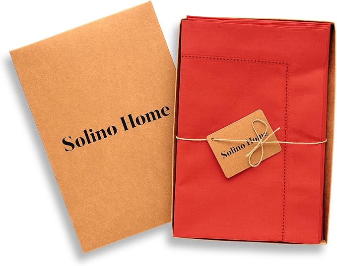 Solino Home Cotton Linen Napkins Set of 4 - Hemstitch Poppy Red Dinner Napkins Cloth 20 x 20 Inch for Mothers Day, Memorial Day - Handcrafted and Machine Washable