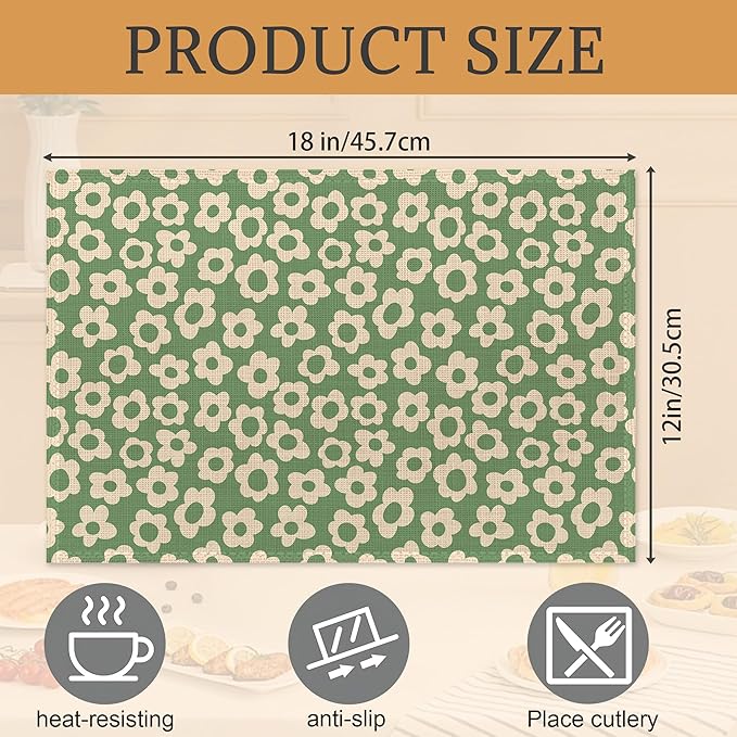Spring Green Flower Placemats Set of 6,Washable Heat Resistant 12×18 Inch Linen Table Mats Groovy Place Mats for Party Outdoor Dining Décor