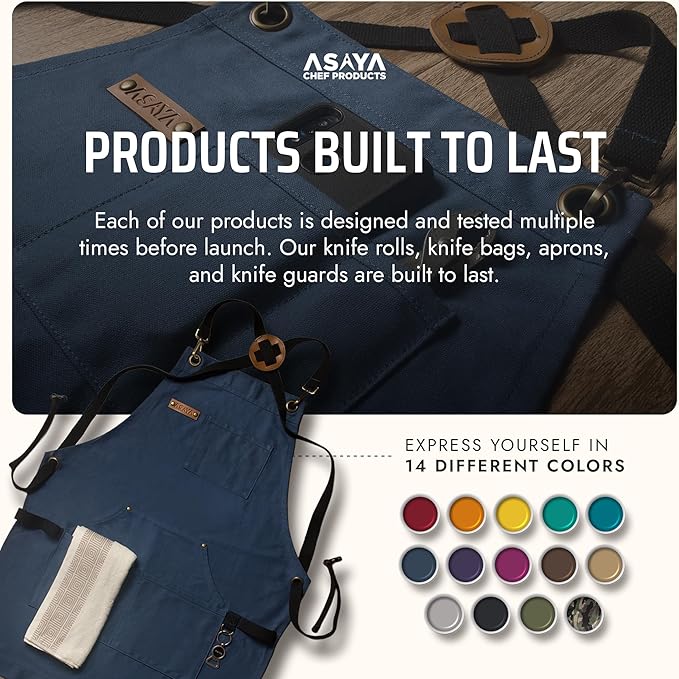 Asaya Chef and BBQ Apron with Bottle Opener and Hand Towel - 10oz Cotton Canvas, Stainless Steel Hardware - Cross Back Straps