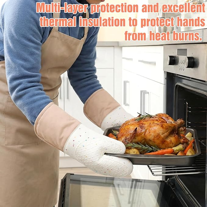 7 Pcs Kitchen Oven Mitts and Pot Holders Sets, Silicone Oven Mittens Potholders Heat Resistant 500°F Cotton Lining Non-Slip Cute Mitts with Hook Up & Oil Brush for Kitchens Cooking Baking BBQ (Cream)
