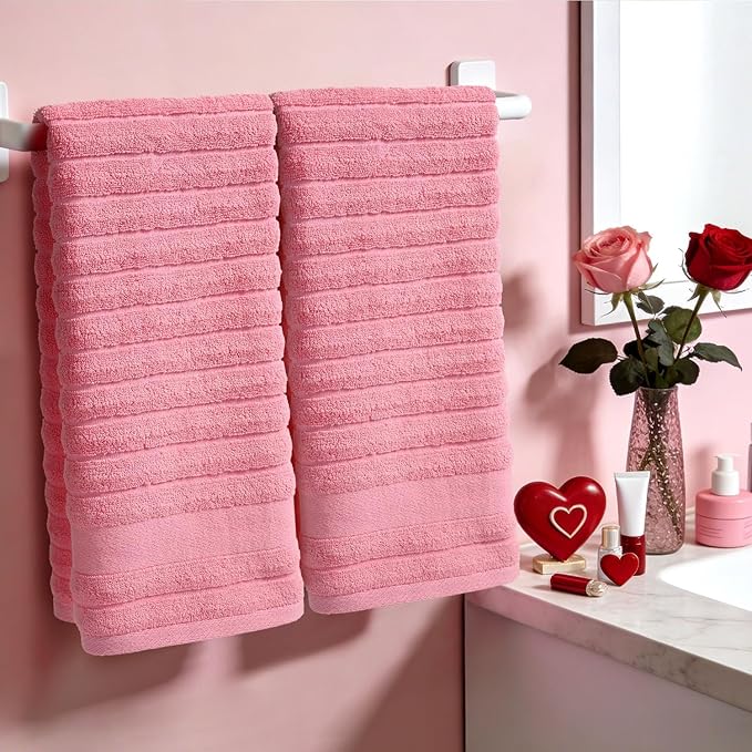 Jacquotha 2-Pack Hand Towels for Bathroom (Pink) Ribbed – Cotton Face Towel for Women Girls, 13” x 29”, Soft and Quick Drying 480 GSM