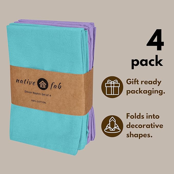 Native Fab Easter Cloth Napkins, 4 Pack, 100% Cotton, 17x17 Inches, Heavy Duty, Soft Texture, Quick Drying, Great for Spring Decor, Family Gatherings, Tea Party, Dinner, Ocean Blue & Lavender