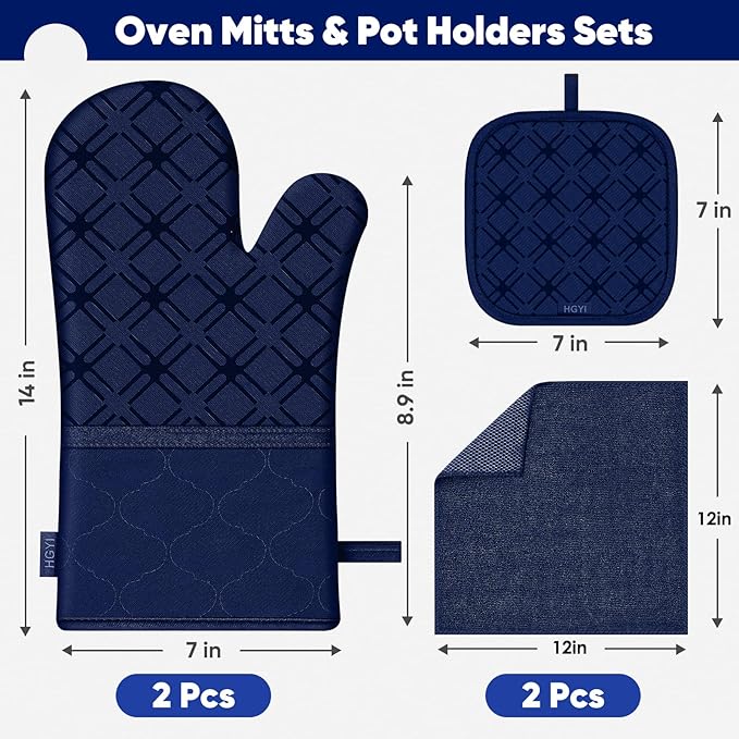 Oven Mitts and Pot Holders Set with Dishcloths, 500 Degree Heat Resistant Oven Gloves and Hot Pads, Premium Soft Cotton Kitchen Mittens and Dish Cloth Sets-Marine Blue