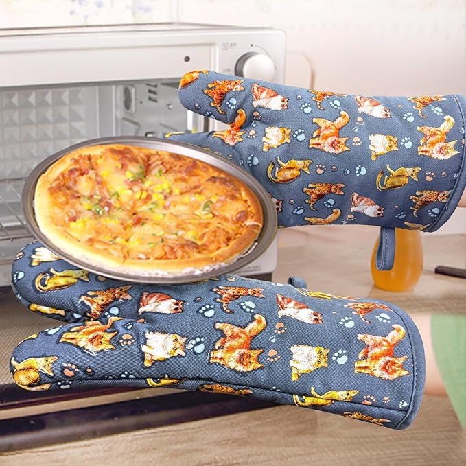 Oven Mitts Gloves 1 Pair Heat Resistant 480 ℉ Non Slip Clear Silicone Printed Cat Comfortable Cotton Lining Kitchen Men Cooking Barbecue Machine Washable (Cat, Grey Mitts)