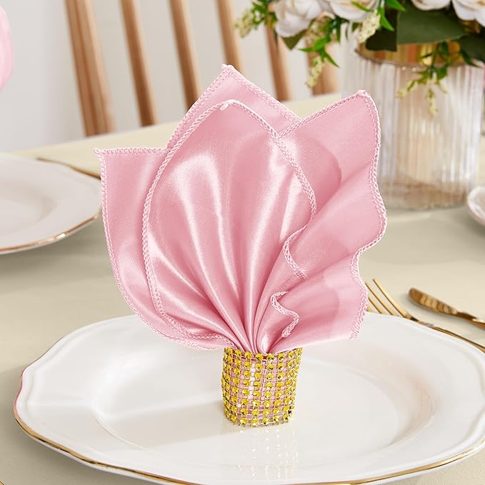 RUDONG M 100 Pcs Light Pink Satin Napkins and Napkin Rings Set, 17 x 17 Inch Square Cloth Napkins Set of 50, Silky Soft Table Napkins Bulk for Weddings, Banquet, Parties Dinner Decoration