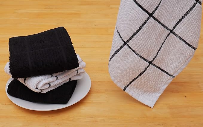 AMOUR INFINI Kitchen Towels Pack of 4, Terry Cotton Dish Towels, Ultra Absorbent, Quick Drying Hand & Tea Towels, Soft Durable Cleaning Cloths with Hanging Loop, 16 x 26 Inch (Black)