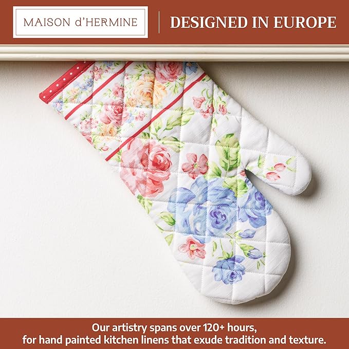Maison d'Hermine Oven Gloves 100% Cotton Oven Mitt 7" x 13" with Loop Heat Resistant BBQ Cooking Gloves Baking Grilling Gifts for Mothers Day Spring/Summer (Pack of 1, Vintage Floral)