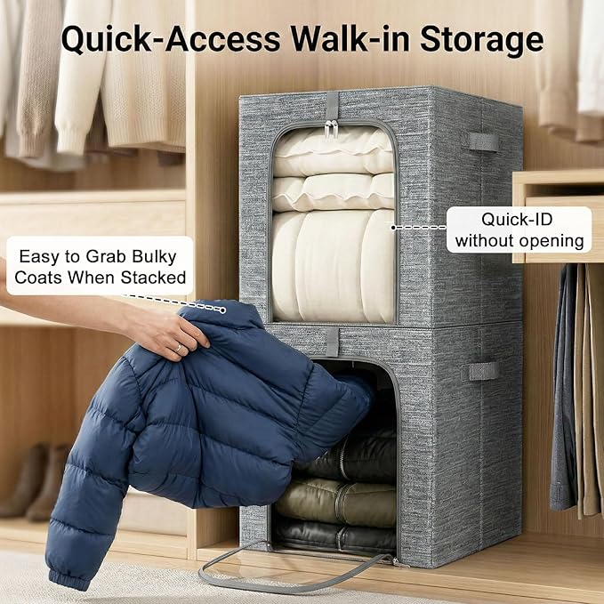 GoMaihe Clothes Storage Bins Metal Frame: 55L Extra Large Stackable Closet Storage Bin with Lid & Clear Window, Heavy Duty Blanket Box for Winter Coats Comforters (Fits Deep Closet 6-Pack)