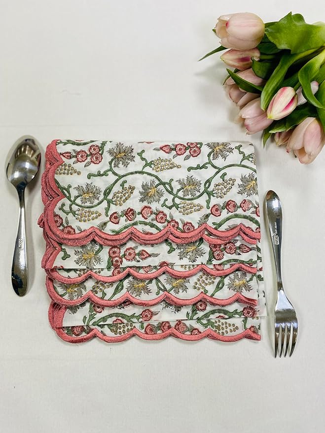 Ridhi Hand Block Print Coral Pink 18" x 18" (Set of 4) Embroidery Table Napkins Reusable Cotton Dinner Napkins for Weddings, Parties, Everyday Dining Gift for Spring, Easter, Valentine