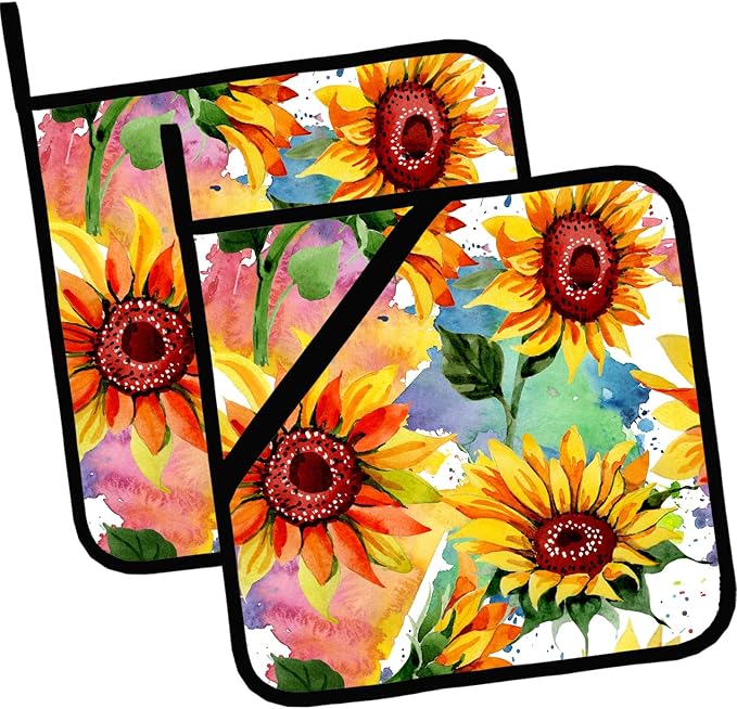 Watercolor Sunflower Floral Pot Holders Set of 2,Kitchen Heat Resistant Potholder for BBQ Cooking Baking,Food Hot Pad for Women Men
