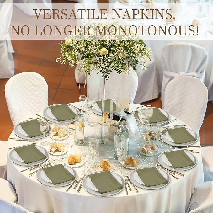 Preboun 24 Pcs Fringe Napkins Bulk Cloth Cotton Soft 17 x 17 Inch Rustic Reusable Washable Festive Square Table Napkins with Fringe for Parties Wedding Restaurant Table Accessory (Olive Green)