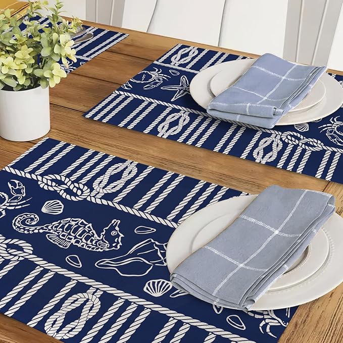 Navy Blue Nautical Placemats Set of 4, Coastal Ropes Starfish Crab Seahorse Sea Shell Conch Dining Place Mats Table Decor, Ocean Marine Life Lake Beach House Home Kitchen Decoration 12''x18''