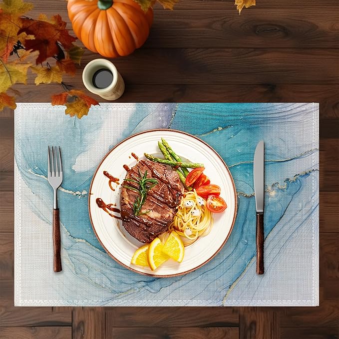 Teal Blue Placemats Set of 6,Washable Heat Resistant 12×18 Inch Linen Table Mats Marble Texture Place Mats for Party Outdoor Dining Décor