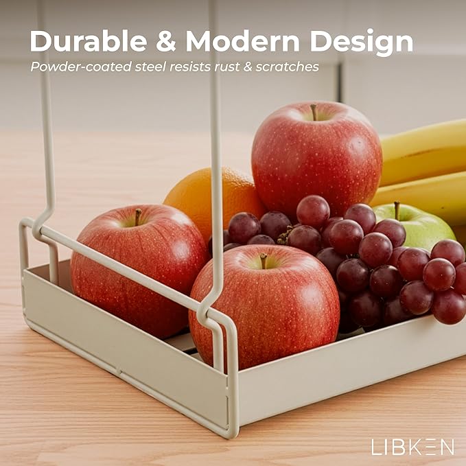 LIBKEN 2-Tier Fruit Basket for Kitchen Counter – Gray Powder Coated Metal Fruit Stand – Minimal Scandinavian Design Countertop Organizer for Fruits, Vegetables, Bread, Snacks – Sturdy & Easy Assembly