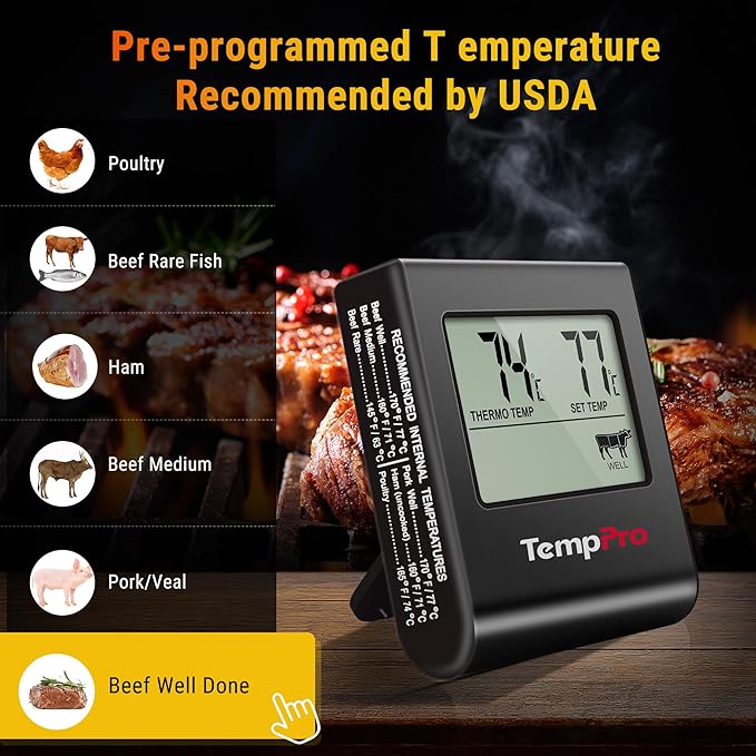 TempPro TP16 Large LCD Digital Meat Thermometer for Cooking, Smoking, Grilling, BBQ Food Temperature Indicator with Clock Timer and Stainless Steel Probe, Black(Previously ThermoPro)