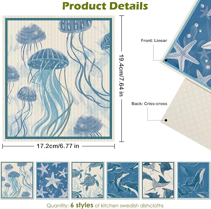 6 Packs Swedish Paper Cloths for Kitchen, Reusable Paper Towels Washable Dish Rags, Highly Absorbent Kitchen Towels Quick Drying Swedish Sponge Cleaning Dish Cloths(Deep Blue Sea Creatures)