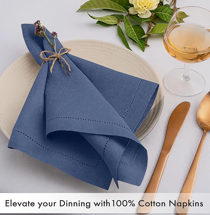 Ruvanti Cloth Napkins Set of 12, 100% Cotton High GSM 18x18 Inches, Hem Stitched Corners, Soft, Washable, Highly Durable & Absorbent, Perfect for Parties, Christmas, Thanksgiving Dinners – Bijou Blue