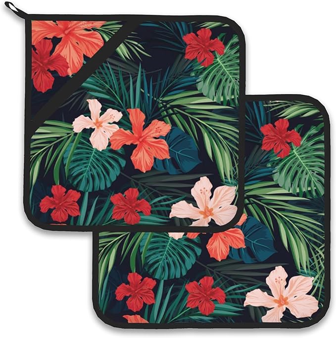 Tropic Hawaiian Hibiscus Flower Pot Holder Set of 2,Heat Resistant Potholders Oven Hot Pads for Kitchen Cooking Baking BBQ